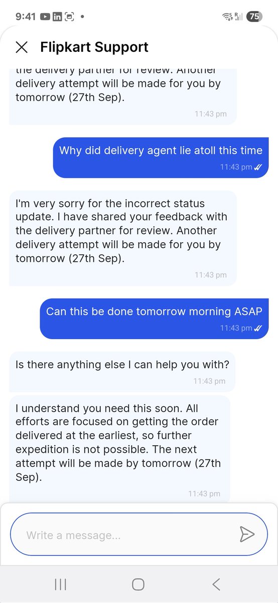 prashkasat's tweet photo. Flipkart executive confirmed delivery on 27th then why reschesule delivery to 28th? https://t.co/DLZ2oZ4loz