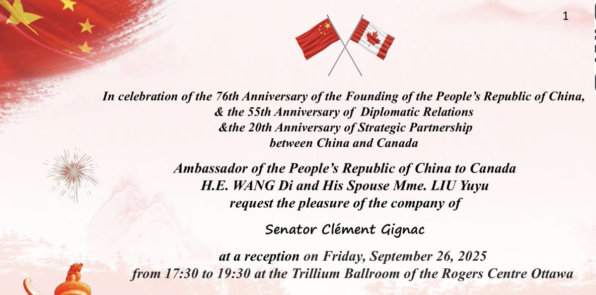 I was pleased to be invited this evening to the reception organized by Ambassador H.E. Wang Di to mark the 55th anniversary of diplomatic relations between Canada and China. As the new co-chair of the Canada-China Legislative Association, I was invited to speak and emphasized the