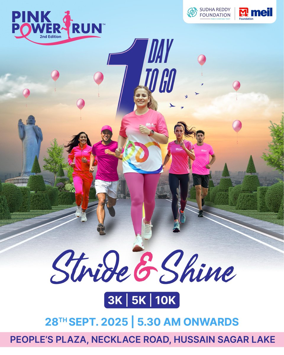MEIL_Group's tweet photo. 1 Day to Go | Pink Power Run – 2nd Edition
Join us on 28th September at 5:30 AM, at People’s Plaza, Necklace Road, Hyderabad for a morning that celebrates strength, solidarity, and shared purpose.
Let’s stride forward together, in pink.
#PinkPowerRun #CancerAwareness #CSR
#MEILFoundation #SRFoundation #Hyderabad
#MEIL #MeghaEngineering #MEILGroup
