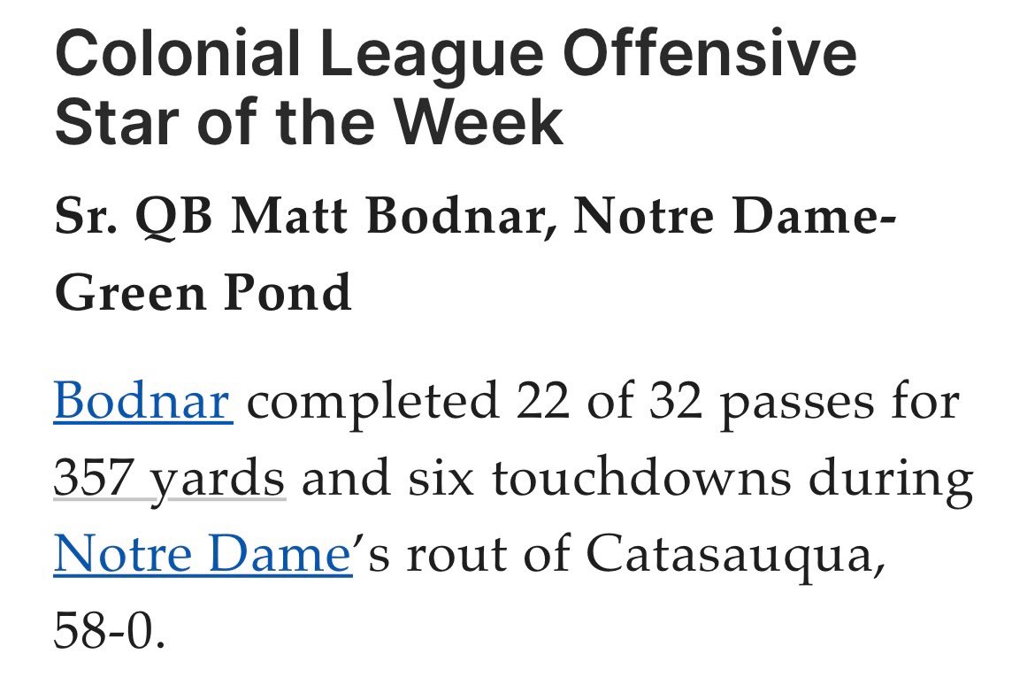 Thank You <a href="/lehighvalley/">lehighvalleylive.com</a> for naming me Colonial League offensive player of the week for week 5. I could not achieve with out the guys I have surrounding me.  <a href="/NDGP_FOOTBALL/">NOTRE DAME GP FOOTBALL ⭐️⭐️⭐️⭐️⭐️</a> <a href="/CoachJayUConn/">CoachJay - Elite 400 National Recruiting Expert</a> <a href="/QBHitList/">QBHitList.com</a>