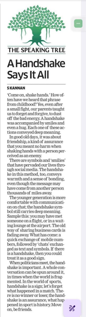 kannandelhi's tweet image. I hope this short piece gets you thinking. Of what a handshake means to us, humans.

For a chronic sports junkie, stepping into the Spiritual Tree is a very big moment. 

I place on record my thanks to @EconomicTimes for publishing this on the edit page.

Thank you.

#handshake