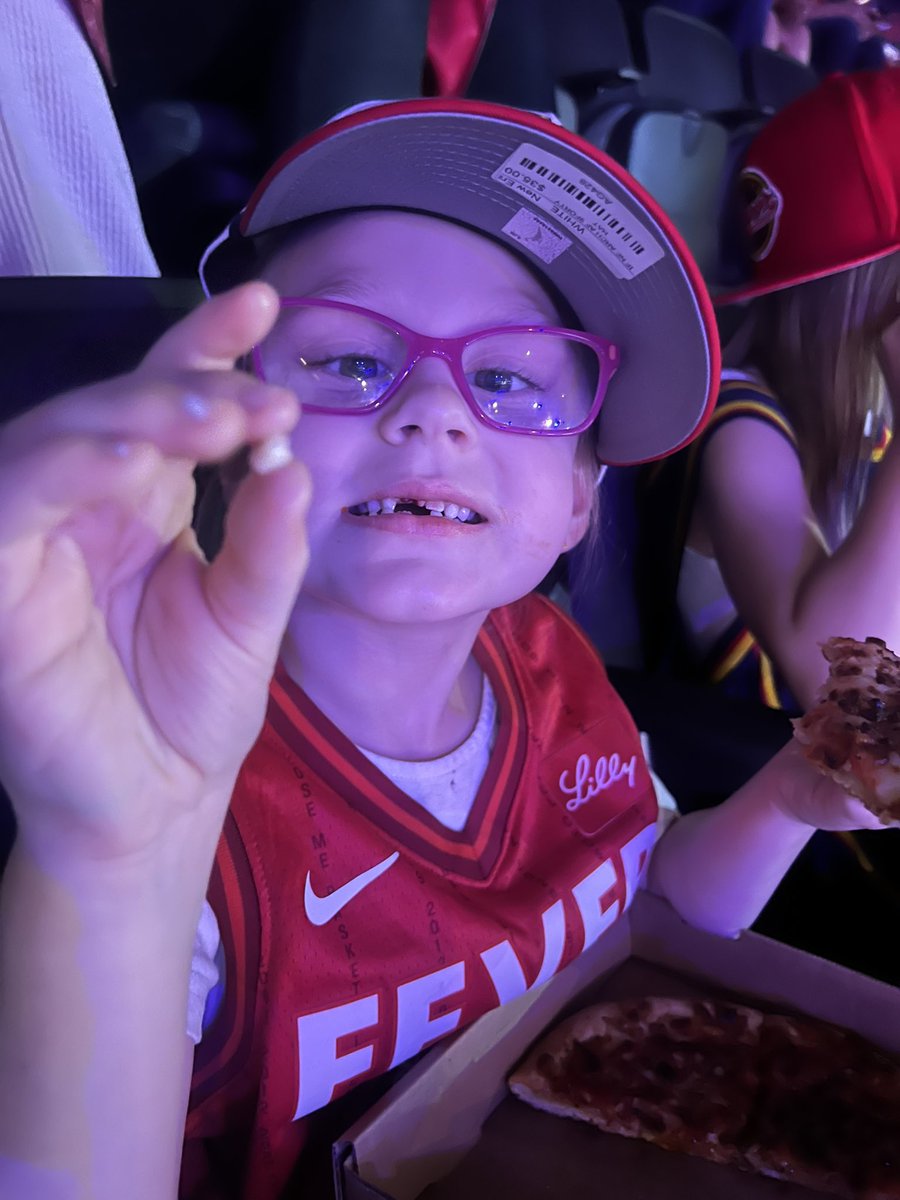 RustyReactionz's tweet image. Game 3 was an L for the Fever but was a W for us. Always a good time hanging out, snacking and watching some ball. The arena is electric and I’m happy I get to experience it with the kids.
Charlee lost her tooth right after taking our seats!
Game 4 Sunday. Let’s go @IndianaFever!