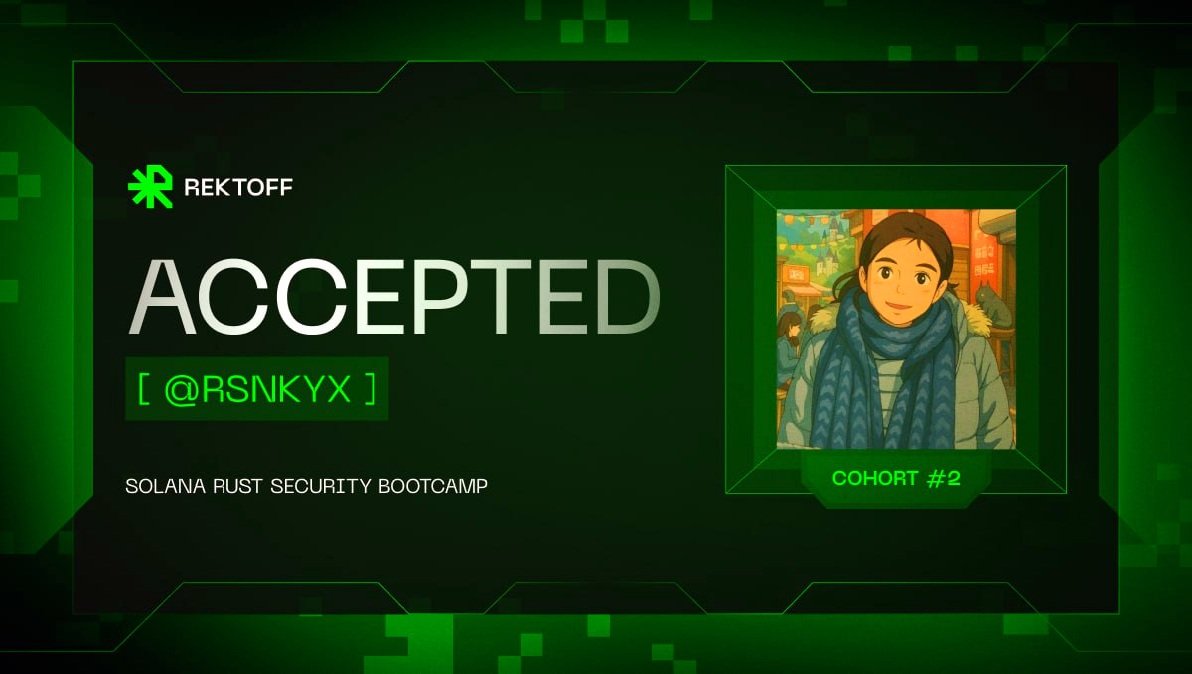Time to trade comfort for competence. Ready to dive deep into the Solana security abyss.🚀

Thanks to <a href="/rektoff_xyz/">Rektoff</a> <a href="/SolanaFndn/">Solana Foundation</a> <a href="/youfelll/">hyperstructured.greg</a> <a href="/GuiBibeau/">Gui Bibeau e/acc</a> <a href="/solana/">Solana</a>

Grateful for the challenge. Ready for the grind.🎯

Locked in.⏳️

#SolanaSecurity #RektBootcamp