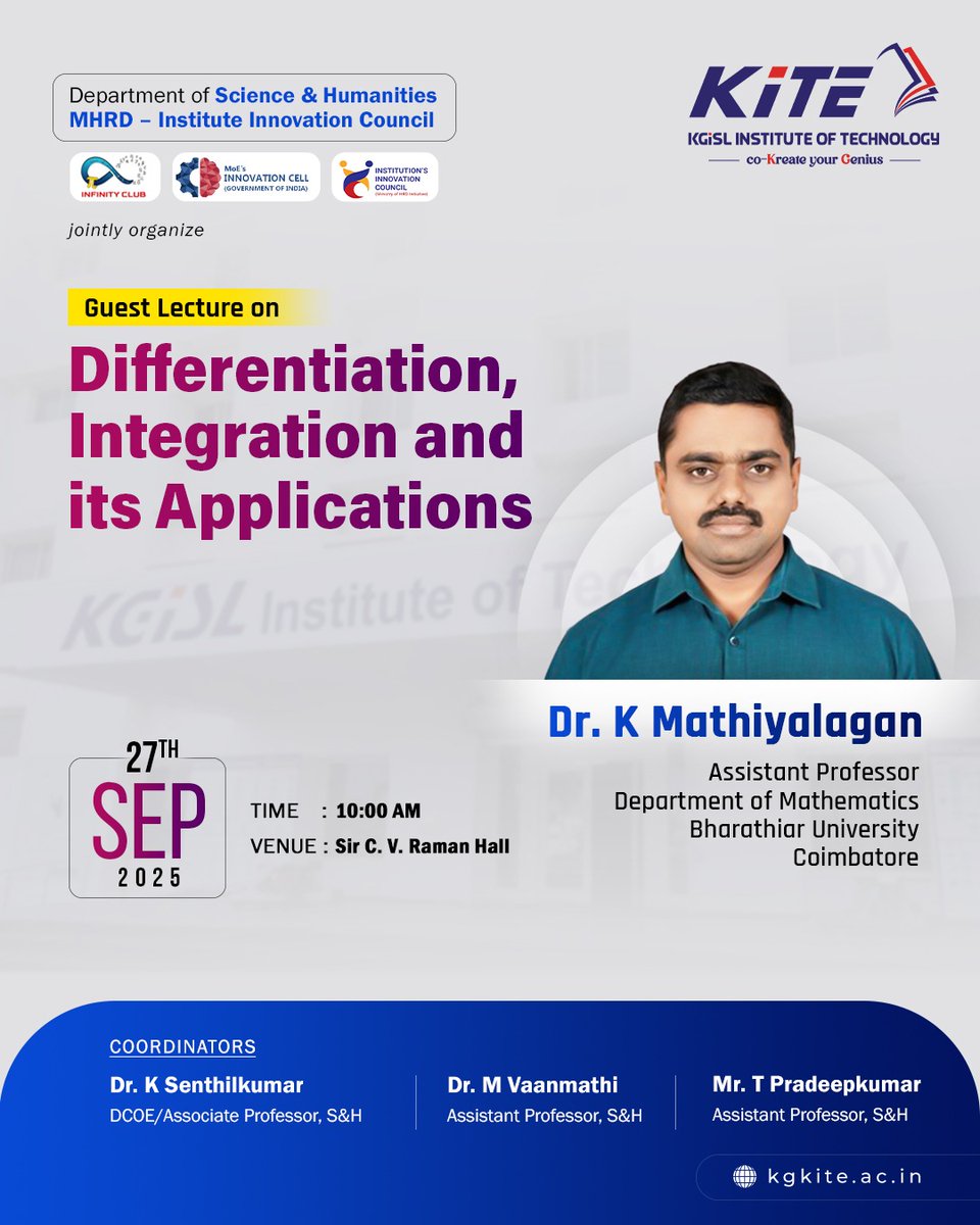 KiTETechCollege's tweet photo. Prepare yourself for an exciting TechTalk! 

Join us in Sir C.V. Raman Hall on September 27, 2025, at 10:00 AM to learn more about this intriguing topic.

#KiTE #Mathematics #TechTalk #Technology #Developments #EngineeringApplications https://t.co/DeSxYQvEWI