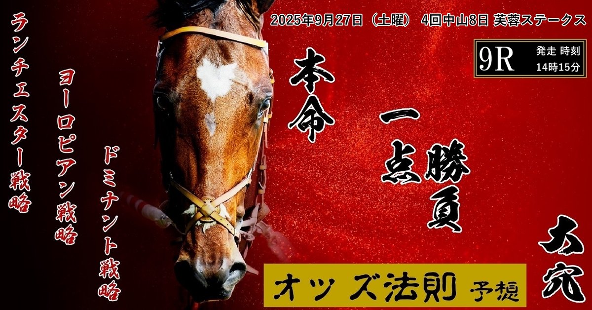 Lanchester_203's tweet photo. 🈚️競馬予想 中央競馬 【2025年9月27日（土曜）中山 9R】中山競馬 無料予想｜ランチェスター競馬戦略【オッズ法則予想】 @Lanchester_203 https://t.co/VhQILoVx5T https://t.co/ktH4JIz9vJ