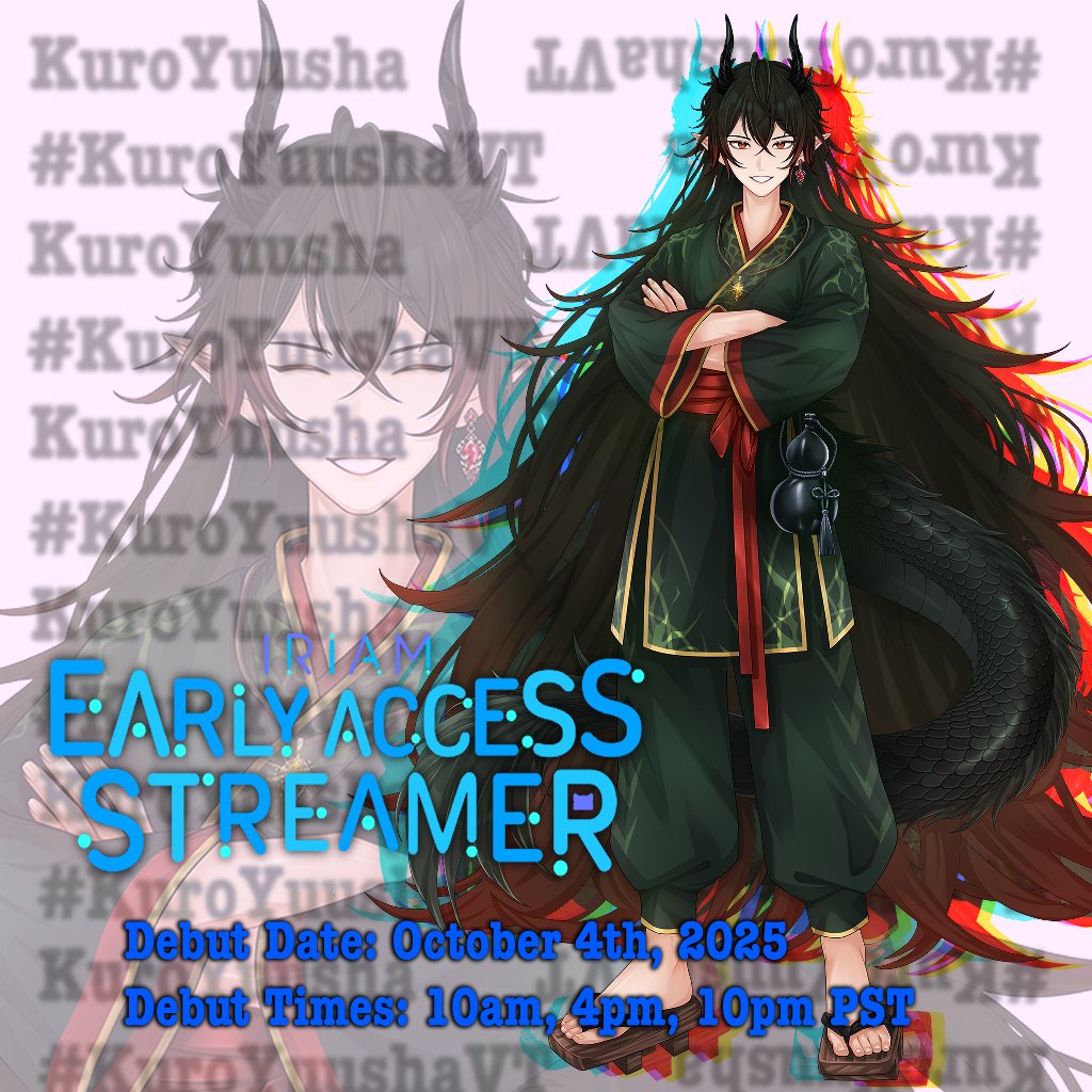 KuroYuushaVT's tweet image. &gt;&gt; 🌑🐉🏹 @KuroYuushaVT &lt;&lt;
Hello! I'm Kuro Yuusha, a perfectly normal dungeon diving, monster slaying, half-Jiaolong adventurer! I'm geared up to #JumponIRIAM as an Early Access Streamer #IRIAMEarlyAccess at @IRIAM_US!
Debuting Oct 4th, 2025 at 10am/4pm/10pm PST
#ENVtuber