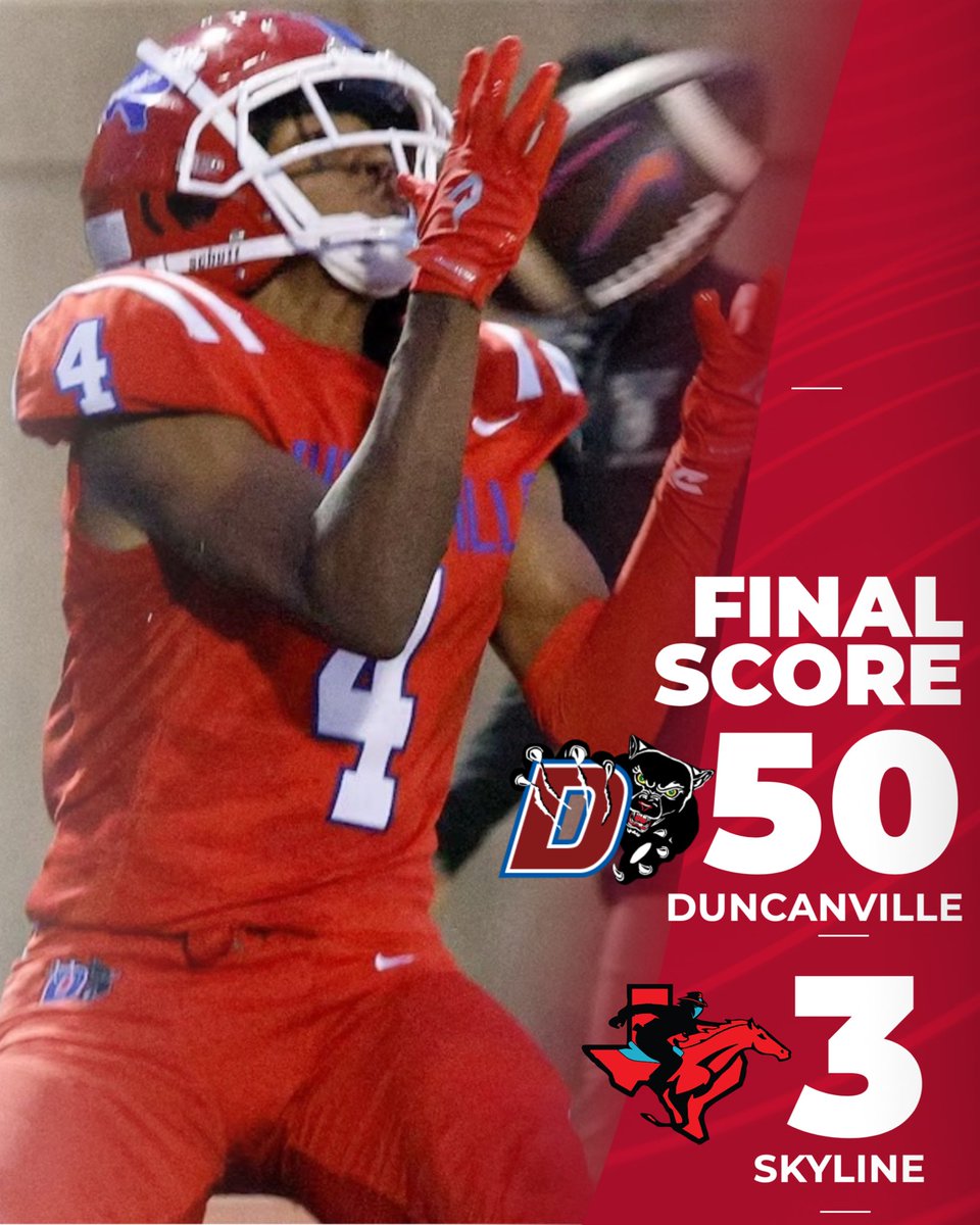 FINAL ‼️
Panthers dominate on both sides of the ball to secure our 1st  district win of the season!
🔵🔴 Duncanville 50
⚫️🔴 Skyline 3
#GoPanthers #ProtectTheVille #PantherPride #LockTheGates