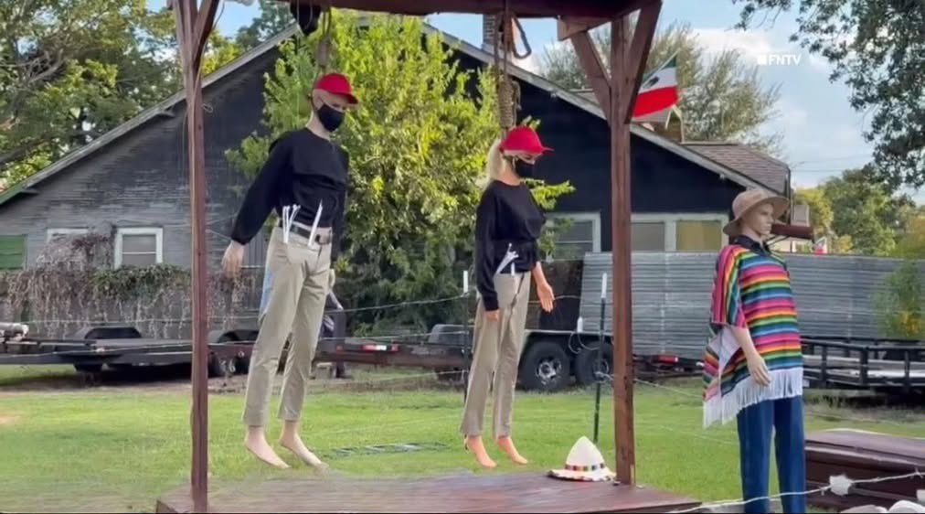 erikgmarrero's tweet image. A Houston family put up a Halloween display showing two MAGA mannequins hanging from gallows under a Mexican flag.

This isn’t “free speech” — it’s incitement.

Arrest them. #DemocratsAreDestroyingAmerica #DemocratsAreTERRORISTS