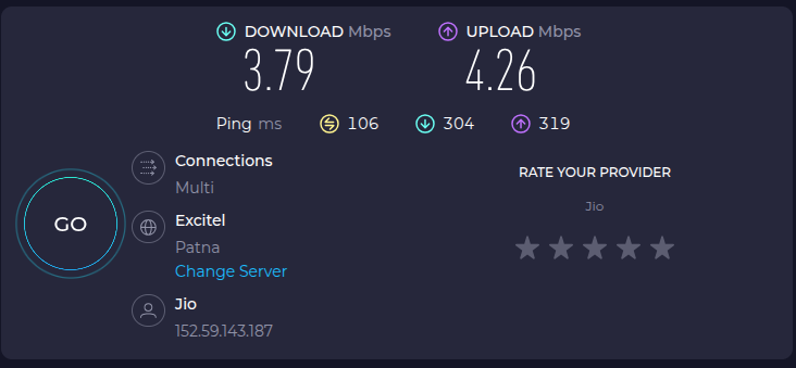 zidiShayar's tweet photo. this is superfast true 5G network from jio @reliancejio @JioCare 
ping 106 ms download 3.79 &amp; upload 4.26 https://t.co/OVIlYrH4ye