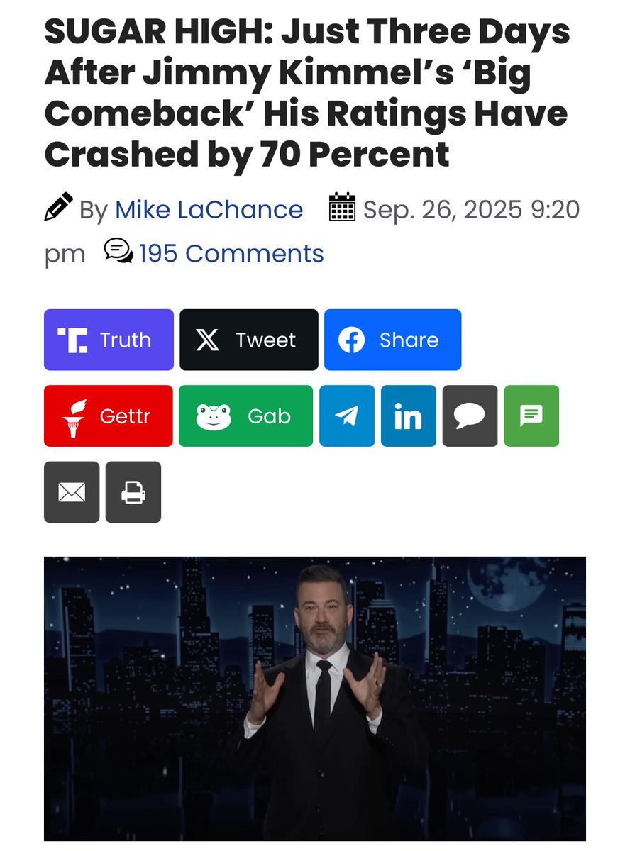 LMFAO! Did you notice the little sugar high that Kimmel got on his “first episode back?”

Well, reality is setting back in and his views have already TANKED by 70% in just the last THREE DAYS.

Nobody actually likes Kimmel, which is why he should’ve stayed indefinitely paused.
