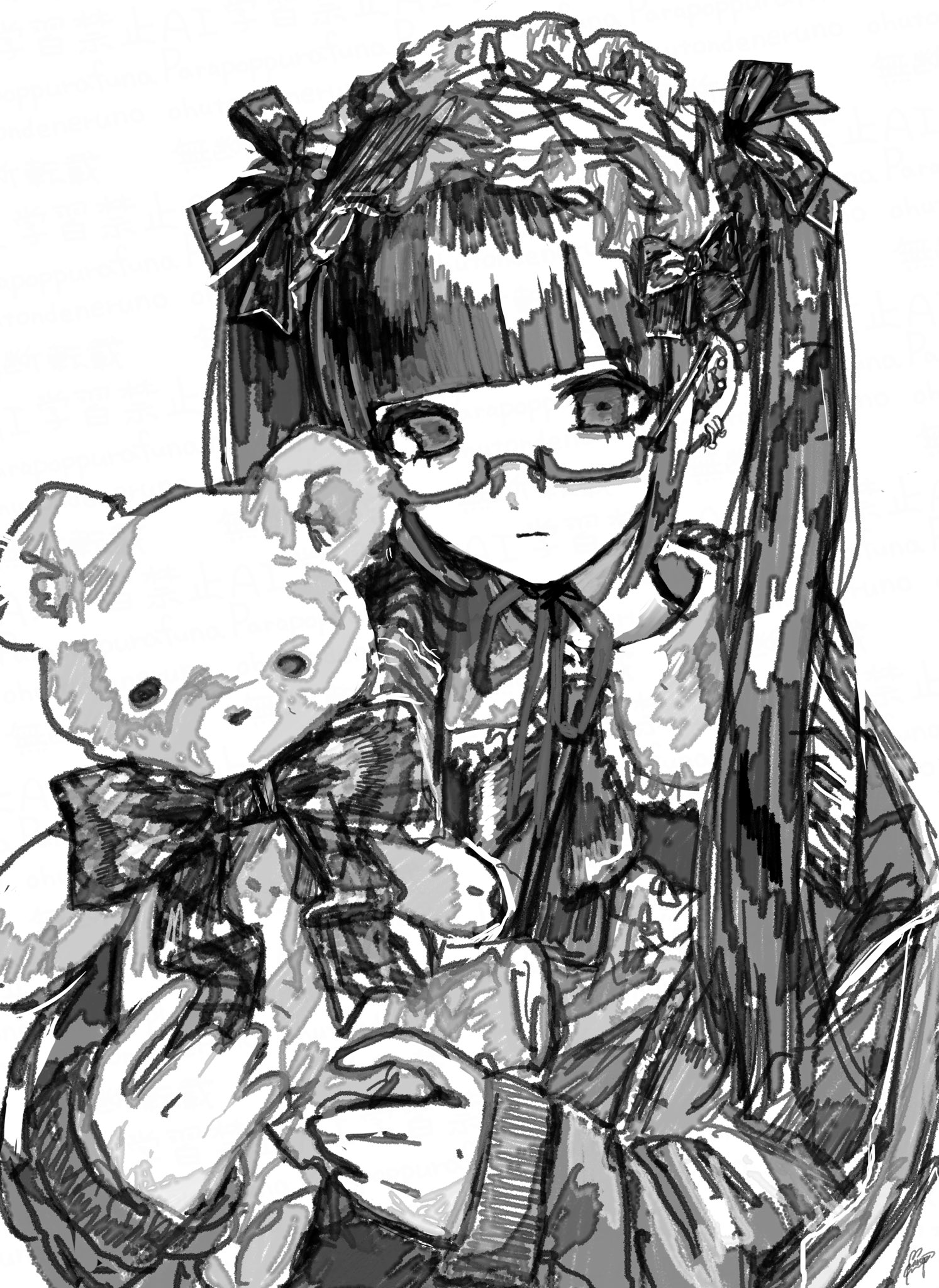 モノクロ原画 花❁❀✿✾ 花のハート。手描きの花や植物の花束の構成。スケッチ風の