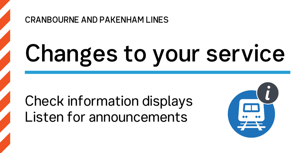 🚧Cranbourne/Pakenham lines: Trains will operate as a shuttle service between Caulfield and Cranbourne/East Pakenham from 1am Saturday 4 October to last train Sunday 5 October, while project works take place.

Info: tinyurl.com/2tvkenv2