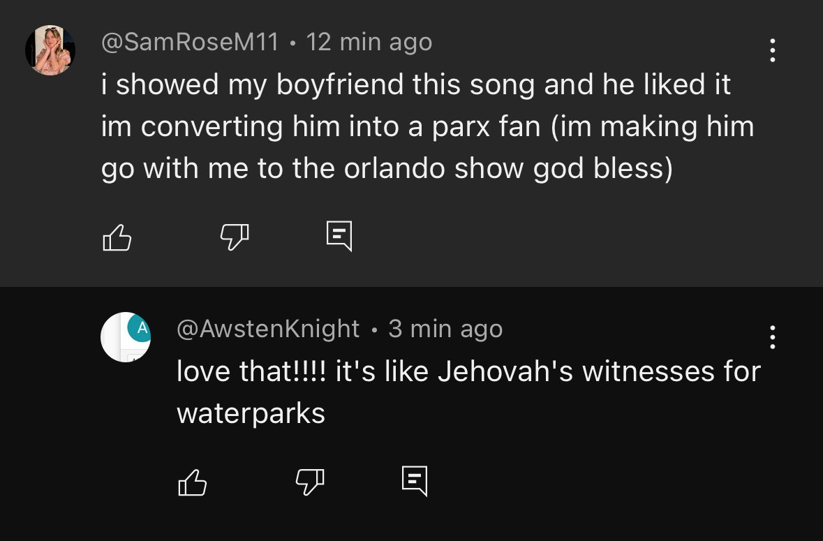 this is getting me so bad not awsten knight saying it’s like jehovah’s witnesses for waterparks 😭