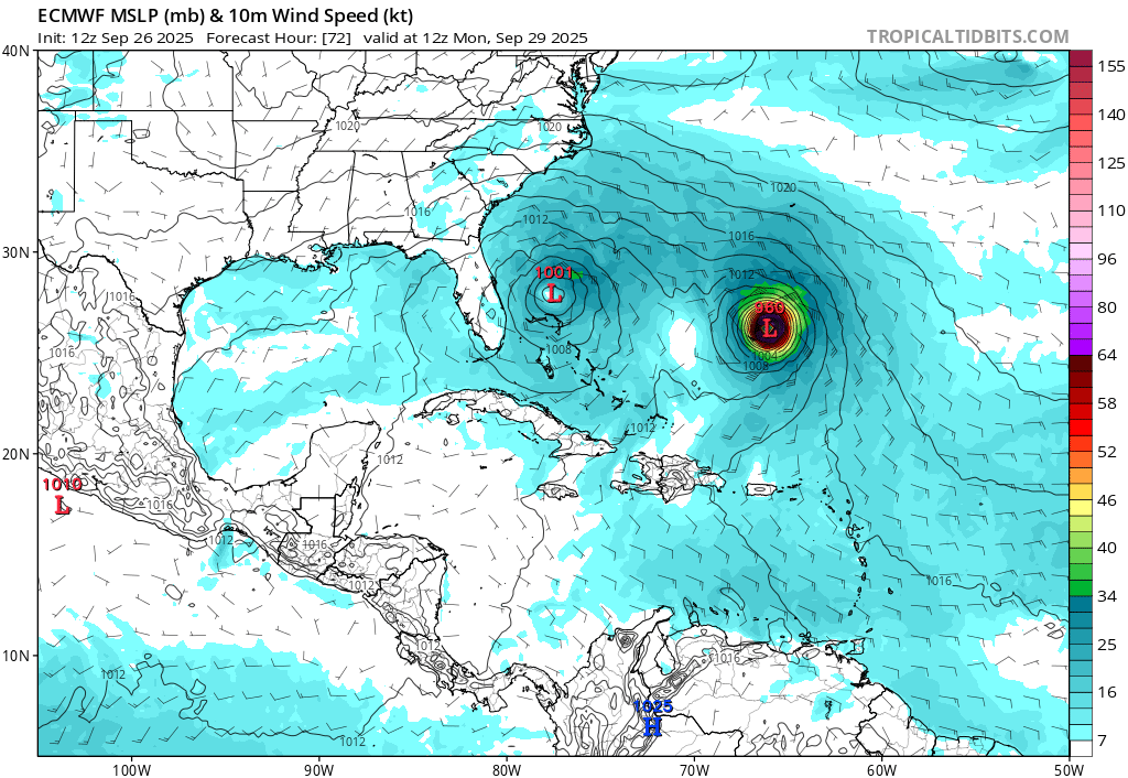 Interesting case study of the Fujiwhara effect. There’s two tropical cyclones separated by a distance “r” with the more intense cyclone located southeast. If, hypothetically, you were to swap the two intensities, the tracks would likely differ.