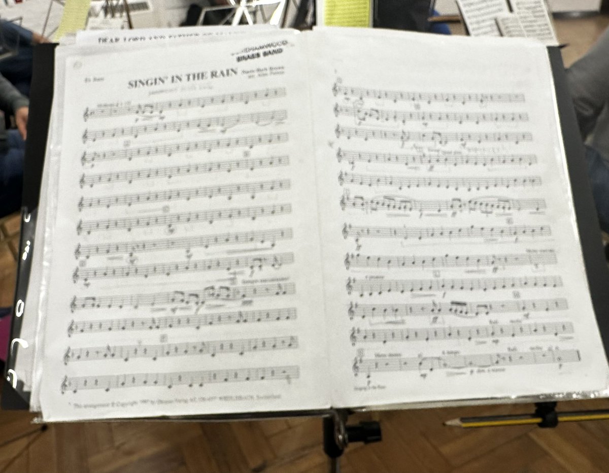 View from the Eb bass tonight at rehearsal and a sneaky peak at our Autumn repertoire.  Big announcement coming soon 🎺
#brassband #singingintherain
