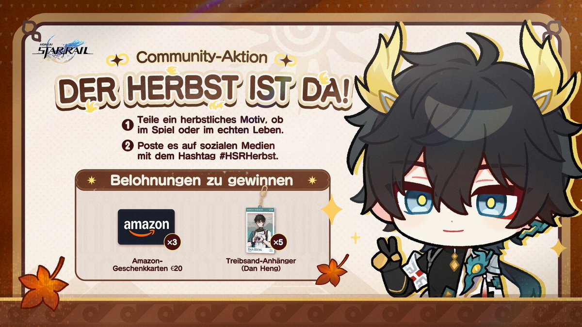 Die Luft wird kühler! Hast du dieses Jahr schon dein erstes Ahornblatt entdeckt? 🍁

Retweete diesen Beitrag und poste mit dem Hashtag #HSRHerbst ein Foto, das ein Ahornblatt oder ein anderes herbstliches Motiv zeigt - ob im Spiel oder im echten Leben.

Am 2. Oktober werden 8 der