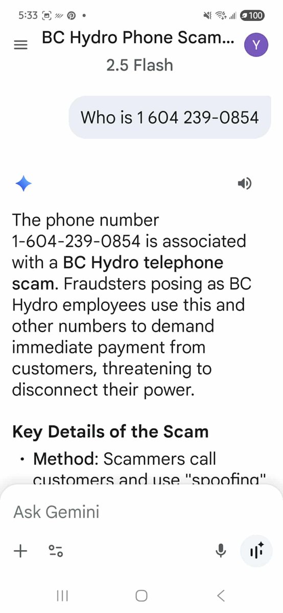 tinasvfx's tweet photo. @bchydro heads up on a fraud number posing as you. https://t.co/7QTx9Oie1Z