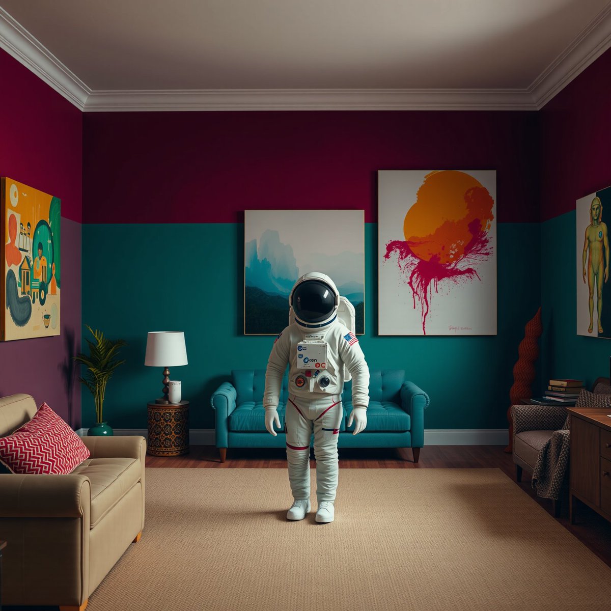 암호화폐 문샷을 상징하는 다채로운 방의 우주비행사