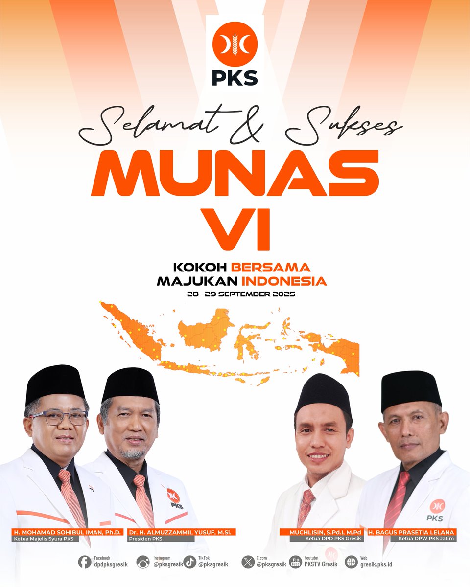 pksgresik's tweet image. Selamat &amp;amp; Sukses

MUSYAWARAH NASIONAL VI PKS
28 – 29 September 2025

Dengan semangat “Kokoh Bersama Majukan Indonesia”, mari kita kuatkan persatuan, perkuat soliditas, dan terus berkontribusi untuk kemajuan bangsa. 📷

#MunasPKS #PKSGRESIK #PKSpembelaRakyat #PKS