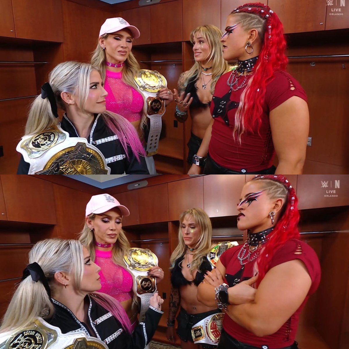 luchalibreonlin's tweet image. Sol Ruca &amp;amp; Zaria tienen los ojos sobre Charlotte Flair &amp;amp; Alexa Bliss 👀