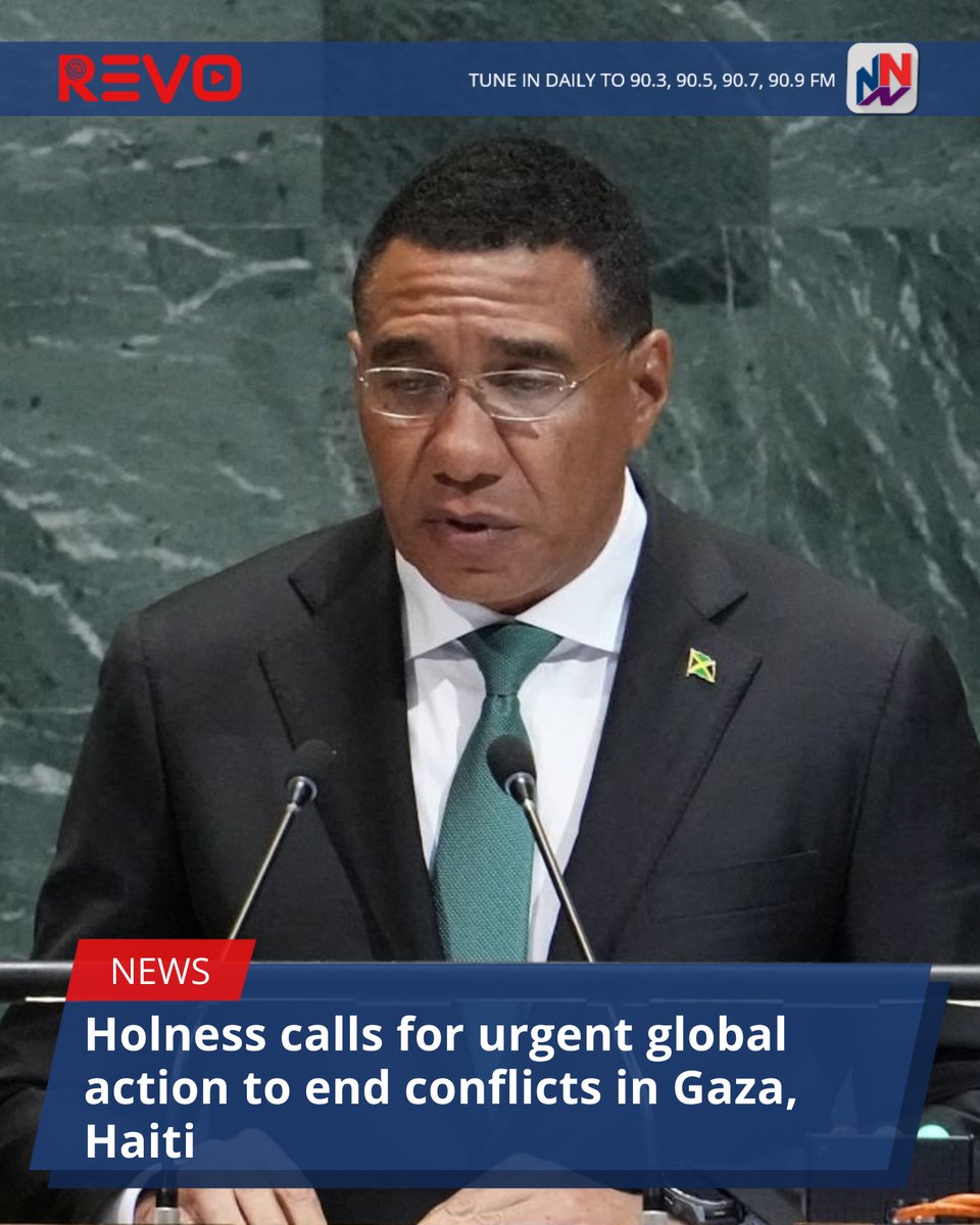 Prime Minister Dr. Andrew Holness has called on global leaders to take urgent action to resolve the civil conflict and war in Haiti and Gaza, respectively.

He was addressing the 80th General Assembly of the United Nations in New York.

READ MORE HERE: revonews.ai/news/68d7369f3…