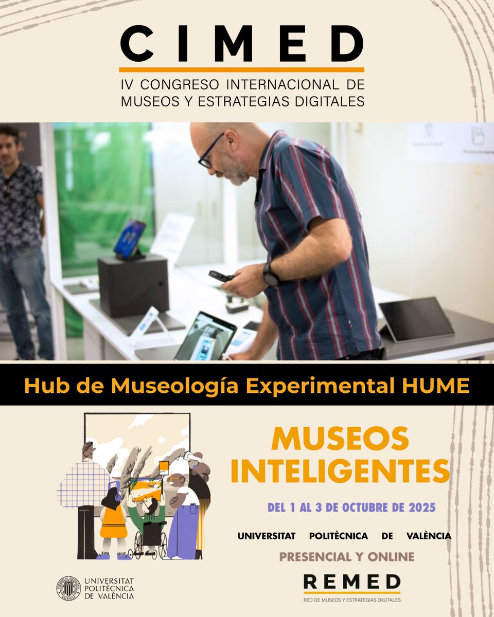 ✨ Nos despedimos de #CIMED25 con los últimos encuentros de esta gran edición:
🕝 14:30 - 14:45 | CLAUSURA
Conclusiones del congreso con Ana Martí Testón y Conxa Rodà.
🏛️ 18:00 - 20:00 | VISITAS GUIADAS
Al Hub de Museología Experimental HUME (UPV).
 🔍 Focus: proyecto Lantern XR