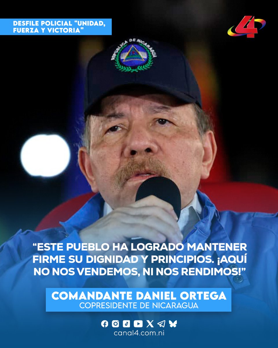 Comandante Daniel: “Este pueblo ha logrado mantener firme su dignidad y principios”
#Nicaragua #PolicíaNacional

Más información 🌐👉🏼 canal4.com.ni/comandante-dan…