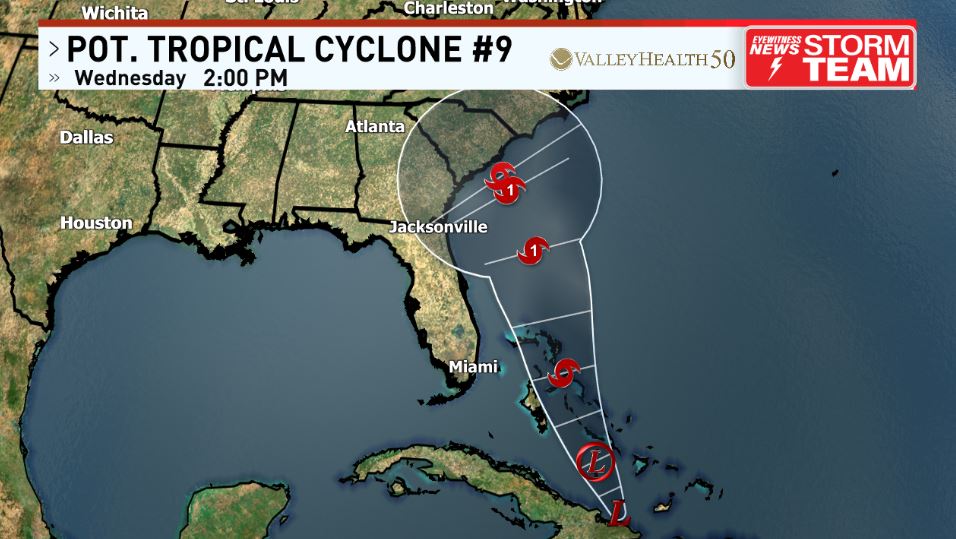 NHC has issued an advisory on potential tropical cyclone #9 forecast to become Imelda. Tracking north-northwest through Bahamas this weekend and slowly strengthening. Notable slowdone in the NHC forecast as it approaches SC coast later Tuesday/Wednesday.