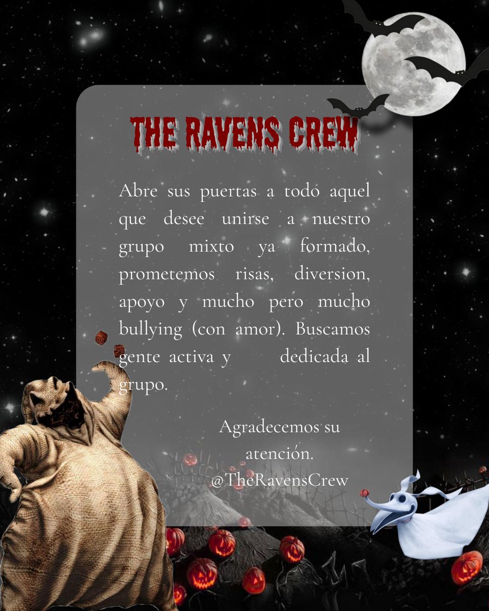 TheRavensCrew's tweet image. ͏ ͏ ͏ ͏ ͏ ͏ ͏ ͏ ͏𓂂𓏸𓂂𓇸𓂂𓂃𓈒 𓂂𓏸🕸️𓂂𓏸𓂂𓇸𓂂𓂃𓈒 𓂂𓏸
𝗧𝗵𝗲 𝗥𝗮𝘃𝗲𝗻'𝘀 𝗅𝗈𝗈𝗄𝗂𝗇𝗀 𝖿𝗈𝗋 𝗇𝖾𝗐 𝗆𝖾𝗆𝖻𝖾𝗋𝗌 ❕
Buenas noches, estamos en búsqueda de nuevos miembros para nuestro grupo, el único requisito es que sean gente activa y con muchas ganas de hacer amigos.
