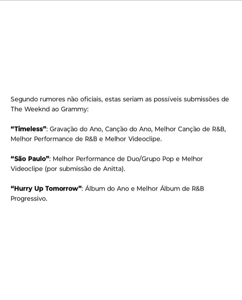 Weekndbra's tweet image. MEU DEUS! Rumores indica que as possíveis submissões de The Weeknd ao Grammy 2026.
