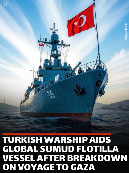 A blue warship with the number 05 on its hull, flying a Turkish flag. The ship is on the water with a clear sky and sunlight in the background. Text overlay reads "TURKISH WARSHIP AIDS GLOBAL SUMUD FLOTILLA VESSEL AFTER BREAKDOWN ON VOYAGE TO GAZA." A watermark from X is present.