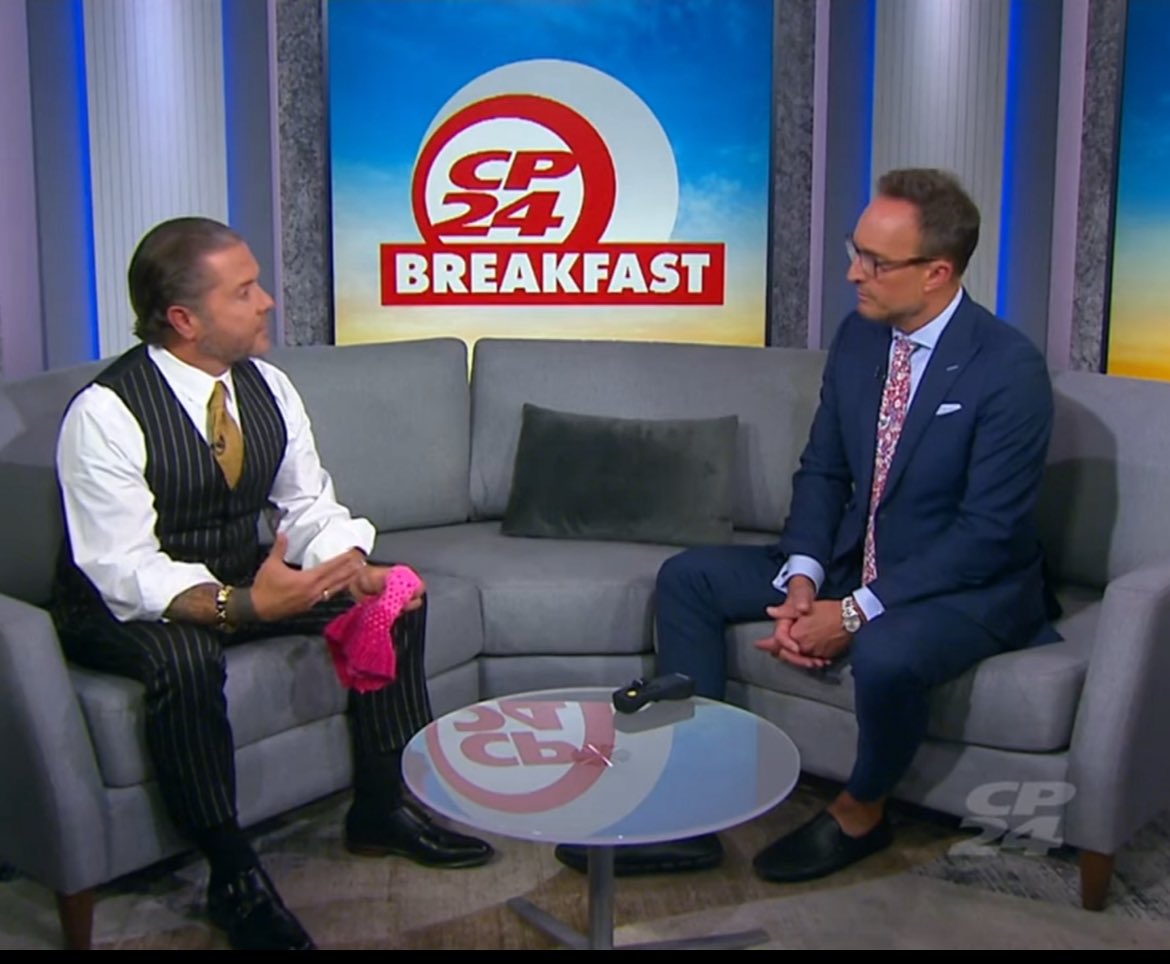 This morning on The Breakfast Show, Nick and I discussed the pink toque in my hand. A couple of years ago, Jennifer Neville-Lake knitted me two of them, knowing my fondness for pink. I wear them on air during the cold months, whenever the story I’m covering allows me to.

But
