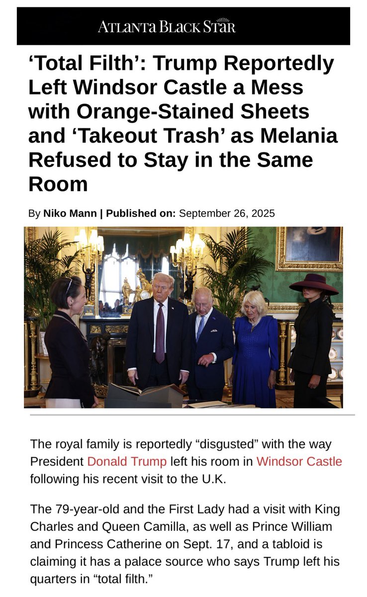 I mean, what did the Royals think would happen? It’s Donald Trump. 🤣

Of course, he leaves Windsor Castle the way he leaves America: trash everywhere, stains nobody wants to clean, and a trail of disgust left behind.
