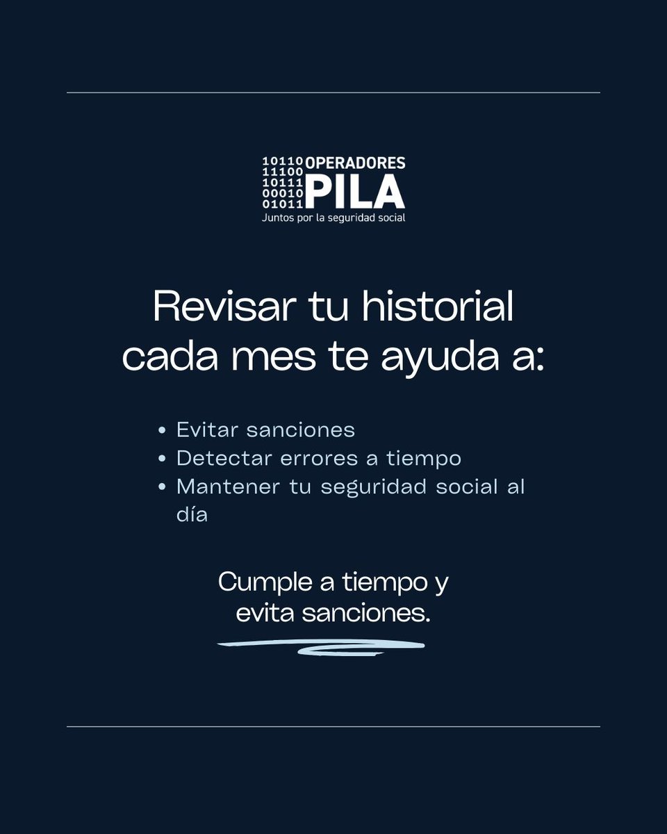 📋 ¿Sabes cómo revisar tu historial de aportes? 

1️⃣ Ingresa al portal de tu operador 
2️⃣ Ve a “Histórico de pagos” 
3️⃣ Descarga y guarda el documento

✅ Evita sanciones y ten todo bajo control. 

#PilasConLaPILA #SeguridadSocial