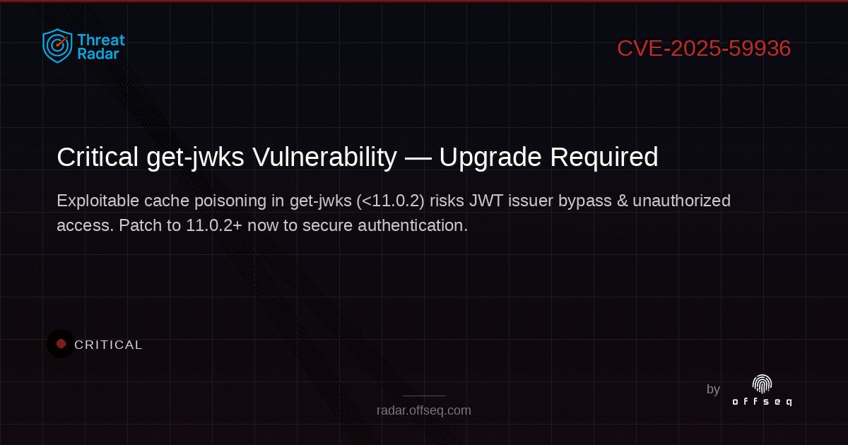 offseq's tweet image. 🚨 CRITICAL: nearform get-jwks (&amp;lt;11.0.2) vuln allows cache poisoning, risking JWT issuer bypass &amp;amp; unauthorized access. Patch now to protect your auth flows! 🔑 radar.offseq.com/threat/cve-202… #OffSeq #JWT #infosec