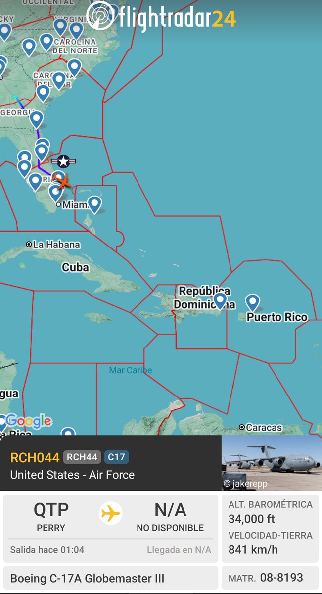 Arrest_Maduro's tweet photo. 🇺🇲U.S. Air Force C-17A Globemaster III, reg. 08-8193, hex #AE2FA5, código de llamada RCH044, procedente de Robins AFB, Georgia, con rumbo sureste. Ayer estuvo en Puerto Rico🇵🇷. https://t.co/6mJrXfbray