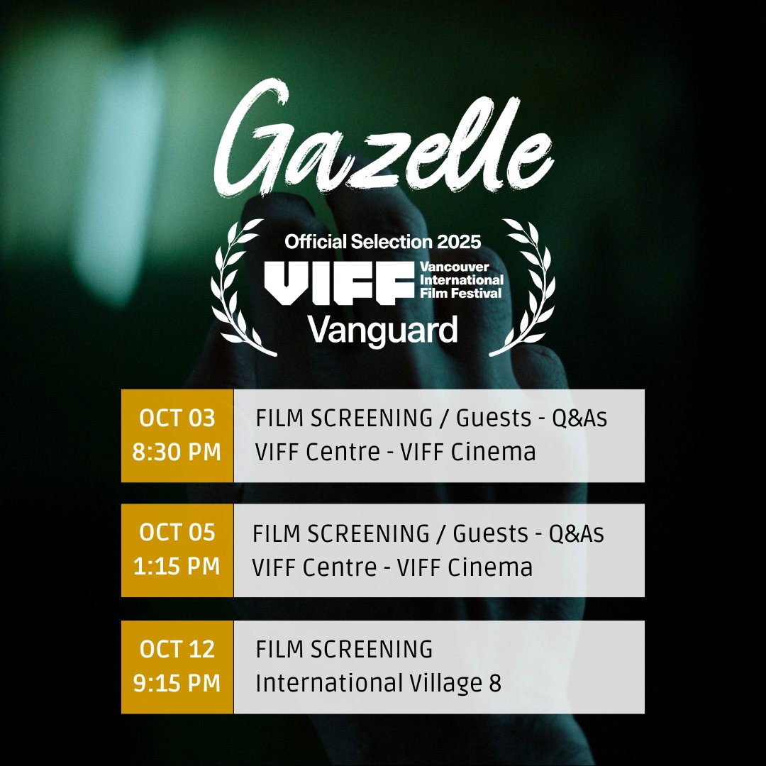 See you in Vancouver! Gazelle makes its world premiere.

With <a href="/nadirsaribacak/">Nadir Sarıbacak</a> and the cast joining us for Q&amp;A sessions.

📅 Oct 3 – 8:30 PM | VIFF Centre (Q&amp;A)
📅 Oct 5 – 1:15 PM | VIFF Centre (Q&amp;A)
📅 Oct 12 – 9:15 PM | International Village 8
viff.org/whats-on/viff2…