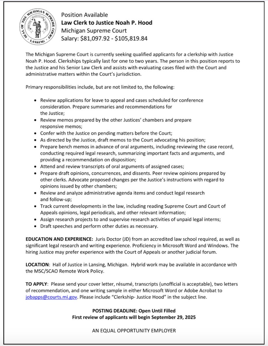 IvyGradServices's tweet photo. Michigan Supreme Court Justice Noah P. Hood needs a Law Clerk for 1-2 years. The first review of applications begins September 29. The job description and application instructions are below. Apply today! https://t.co/NNLoRFkUqx