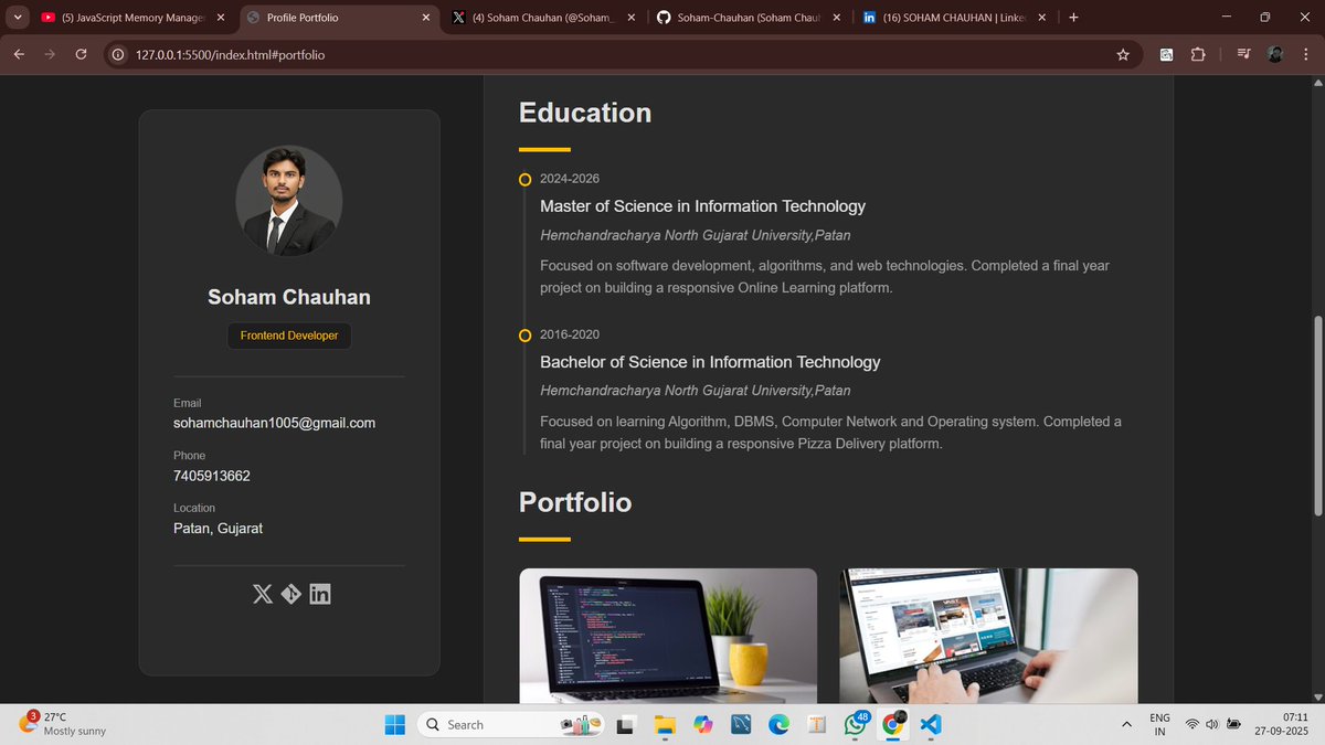 #Day15 Web development with
Rohit Negi Sir

Day 15 Complete....
Today Topics... 👇

Project Building :

✨Create complete responsive Portfolio website using HTML and CSS.

#rohitnegi #coderArmy #mernstack #WebDevelopment #DefenseChallenge