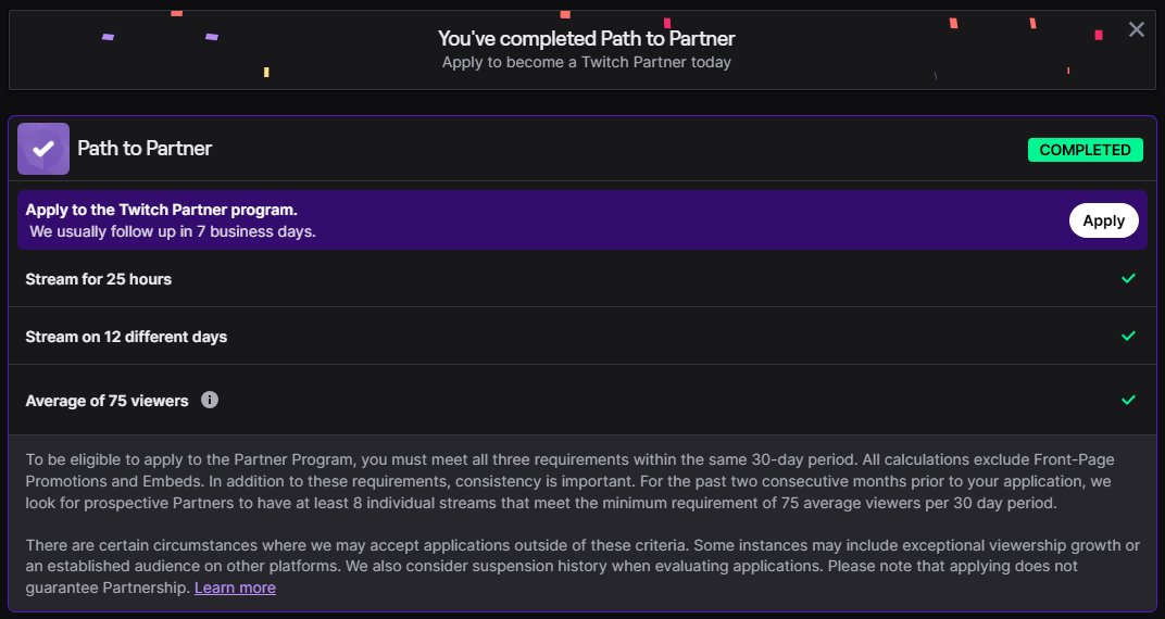 Progress update: The apply button now exists but we're NOT THERE YET. A bit under a month to go to get more qualifying streams - I appreciate everyone's support so much 💜