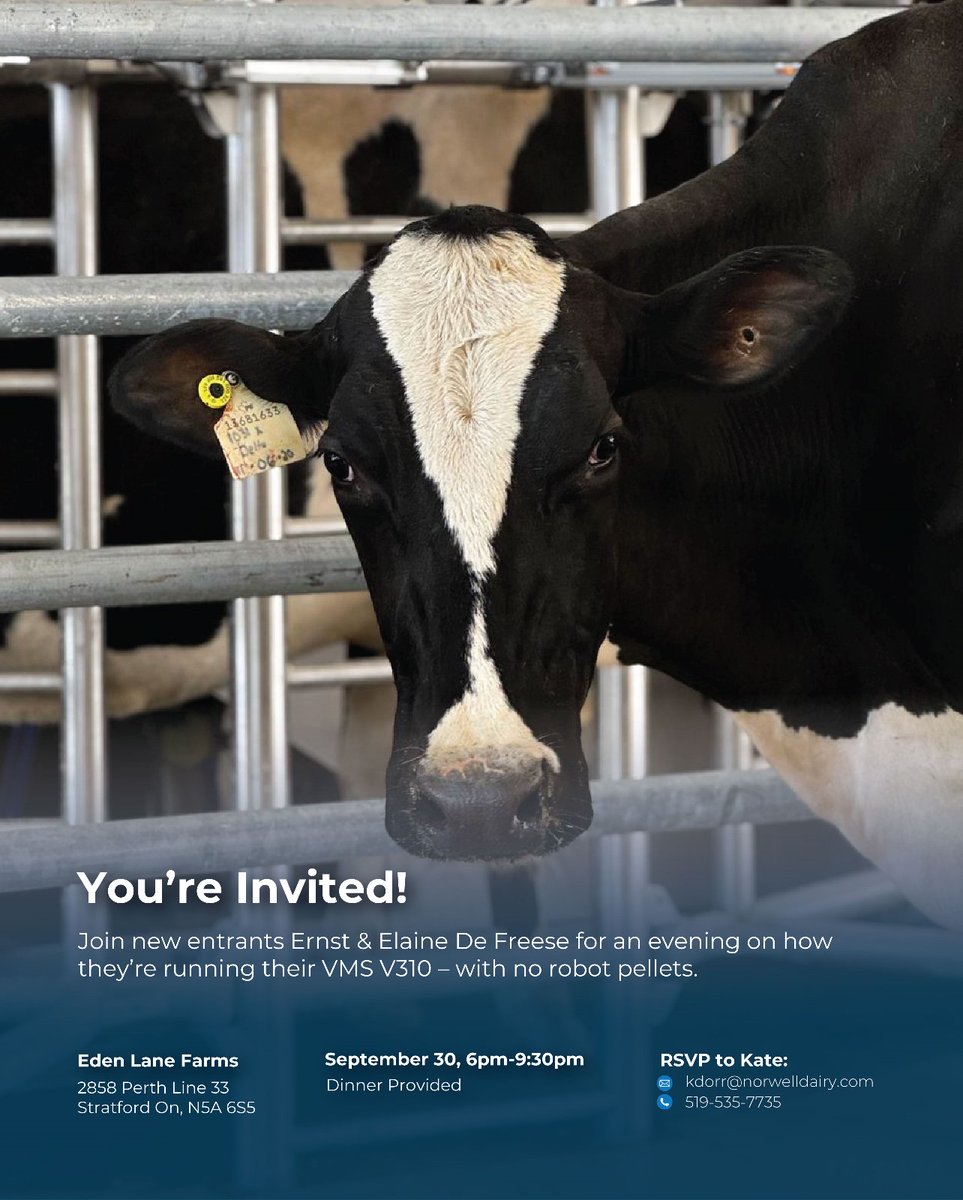 Don’t forget to join us Tuesday for the No-Pellet Robotic Information Night at Eden Lane Farms! 🚜🐄

Come see firsthand how their guided flow setup and no-feed solution work in the new <a href="/DeLaval/">DeLaval</a> VMS V300 facility.

#DairyDoneWell #DairyFarming #Automation #VMSV300 #RoboticMilking
