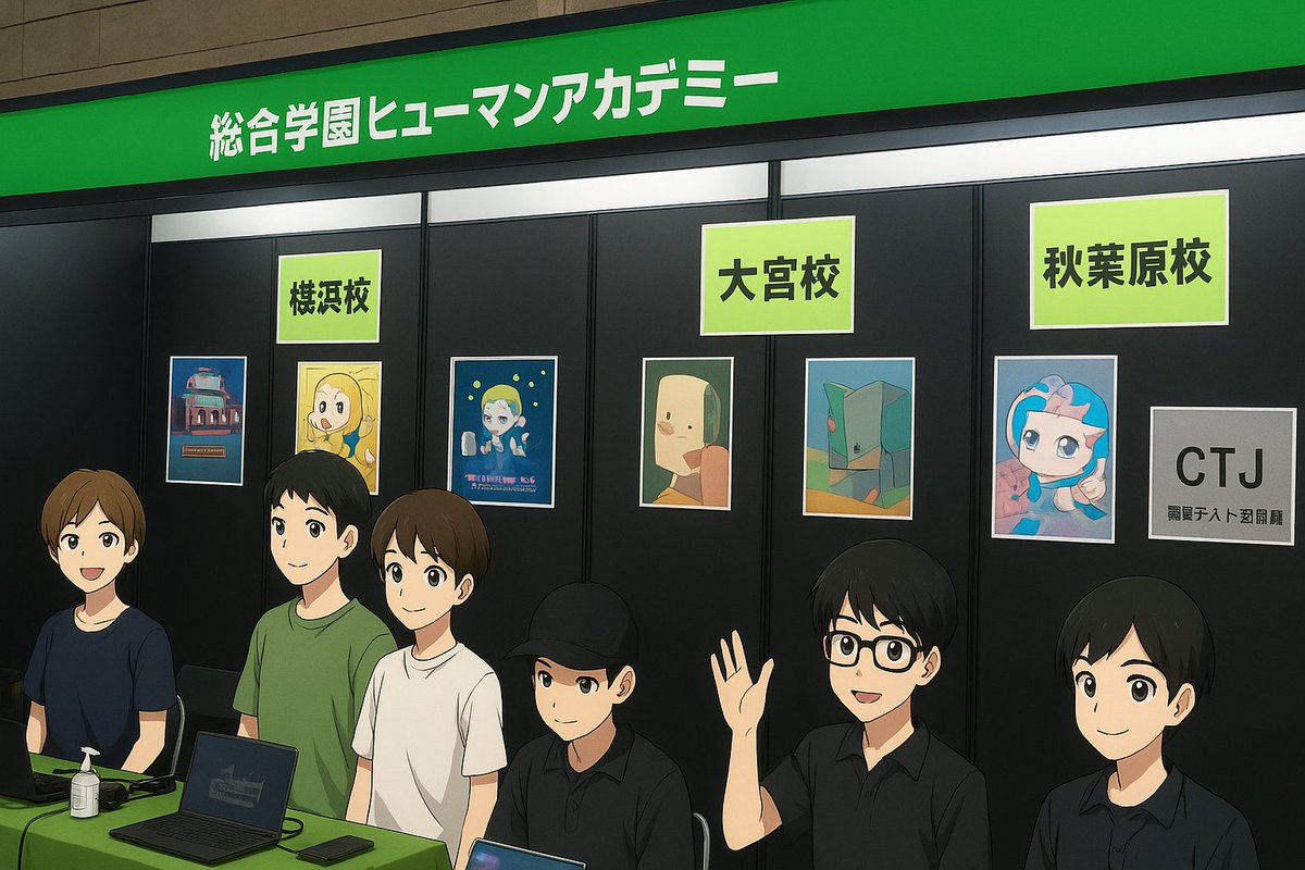 maurundog's tweet photo. #東京ゲームショウ2025 は今日から一般公開日。私も非常勤講師としてお手伝いしている #ヒューマンアカデミー #ゲームカレッジ は1番ホールの階段近くに出展中。私は今日は不在ですが、皆様、是非お寄りください＆学生諸君の作品を遊んでみてください。画像は昨日撮影した写真をAI加工。惜しい。 https://t.co/tZaRlKuOGh