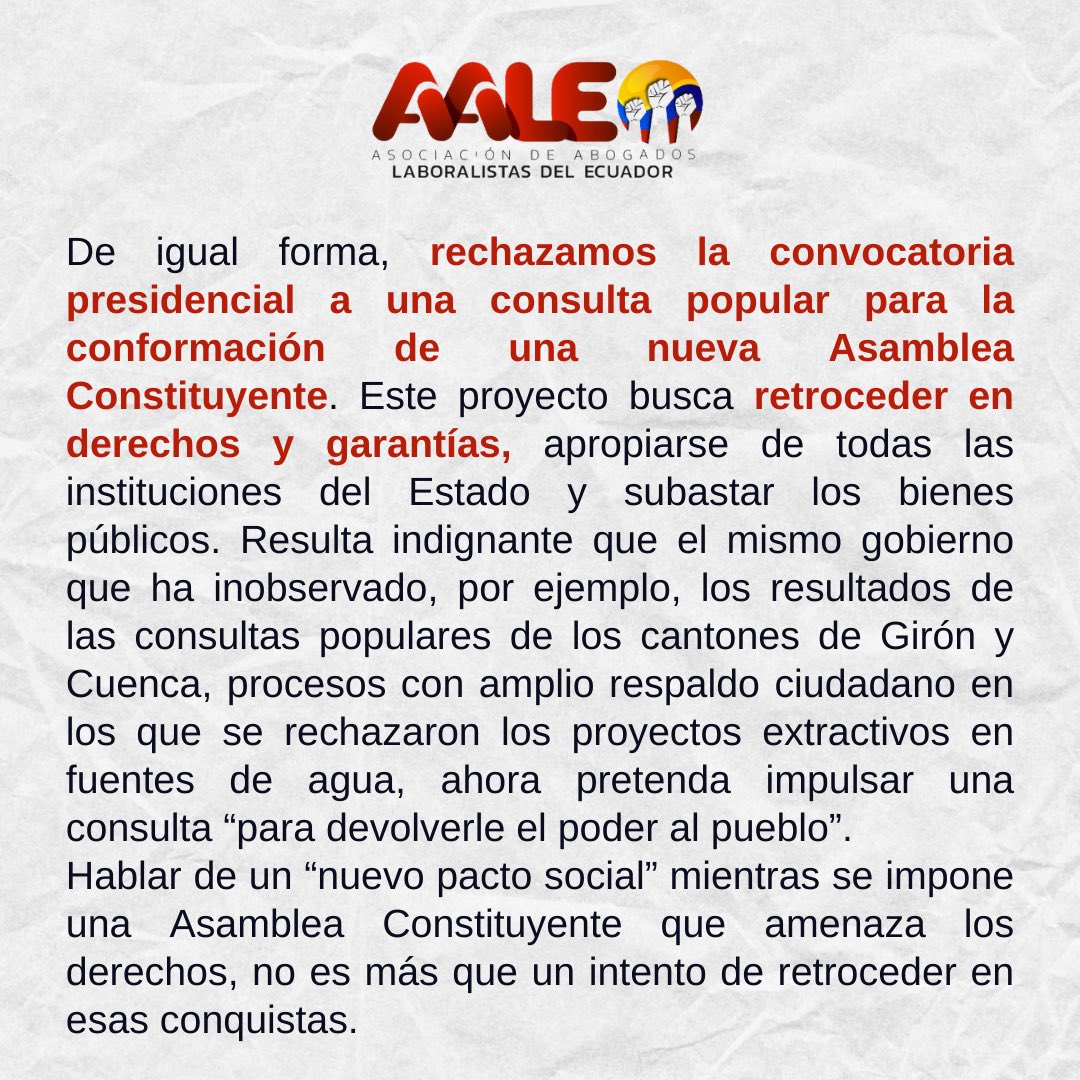 🔴 Rechazamos la criminalización de líderes sociales y la maniobra gubernamental de imponer una Asamblea Constituyente que eliminaría derechos conquistados.

Solidaridad con el <a href="/FUT_ofcial/">Frente Unitario de Trabajadores</a> y la <a href="/CONAIE_Ecuador/">CONAIE</a>. La protesta social no es delito.

#NoALaCriminalización