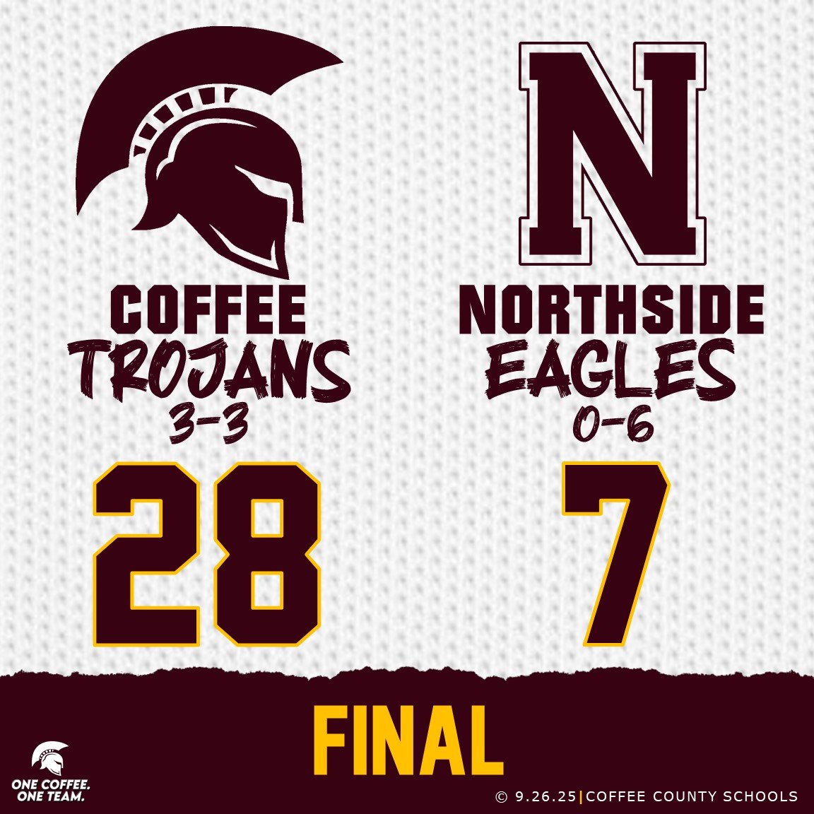 Trojans Win!

Final score from McConnell-Talbert Stadium in Warner Robins:

Coffee 28
Northside 7

GO TROJANS!