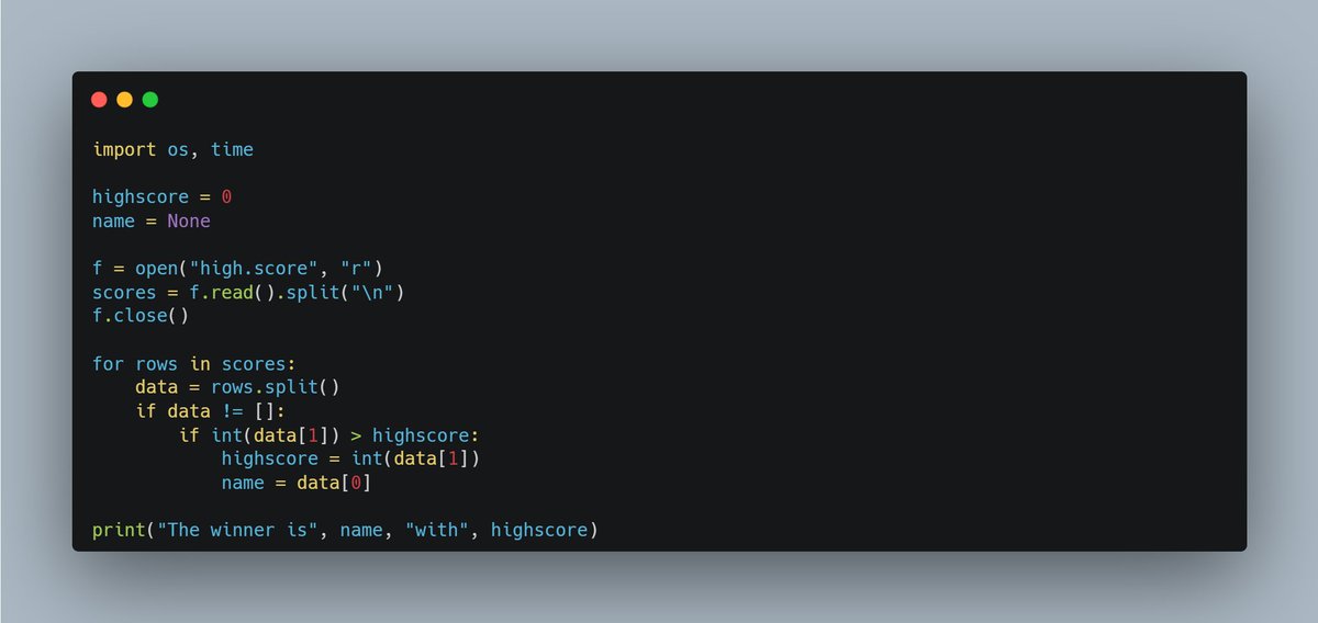 dkingony's tweet image. Day 49 of 100
Reading a File in #Python!👨🏽💻
Yesterday, I learnt how to save data to a file and today, I read data from the file and printed the highest score in the file.
#Replit100DaysOfCode #100DaysOfCode  #LearnInPublic