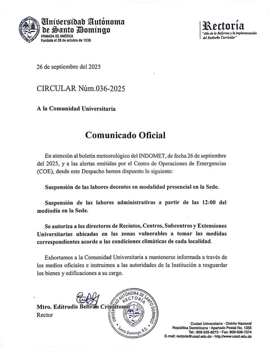 SUSPENSIÓN DE DOCENCIA MODALIDAD PRESENCIAL EN LA UASD.