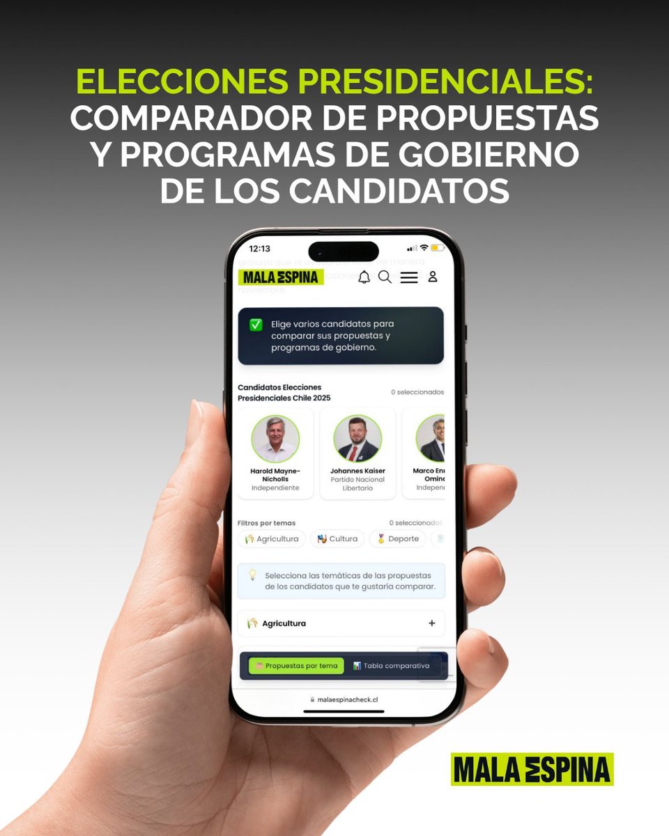 💡 En Mala Espina seguimos respondiendo a la demanda informativa por las Elecciones Presidenciales.

Por eso lanzamos una nueva herramienta, el comparador de programas presidenciales, que permite revisar y contrastar las propuestas de los candidatos en temas clave.

👉 Accede al