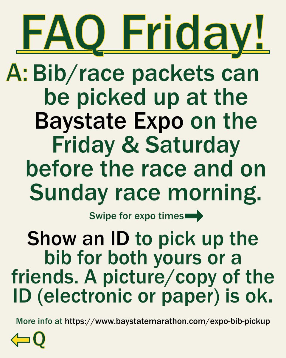 RunBaystate's tweet image. FAQ Friday! How do I pick up my bib/race packet? Can I pick up a friend's bib? Bibs/race packets can be picked up at the Expo. Show an ID (a pic is ok) to pick up your or a friend's bib #baystatemarathon #baystatehalfmarathon #baystatehalfmarathonrelay