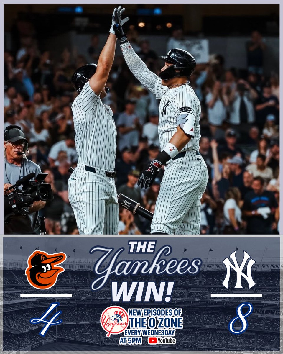 theOzoneshow's tweet photo. π₯ FINAL: Yankees 8 β Orioles 4 π₯
π£ Giancarlo Stanton crushed TWO homers and Aaron Judge added one of his own as the Yankees powered past Baltimore! #Yankees #BronxBombers #AllRise #PinstripePride #NYYankees #YankeesWin #JudgeHR #StantonSmash #Baseball #MLB #TheOZoneShow https://t.co/3Ypc5sJ4rb