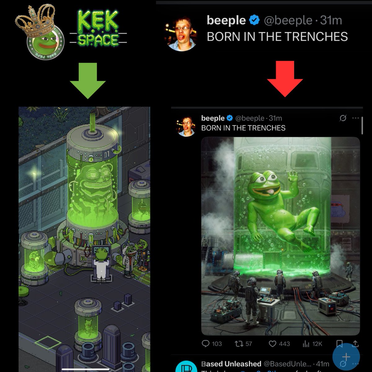 BPCRYPTO11's tweet image. So we’re just going to write this off as a coincidence then? 👀🐸

@beeple drops a frog in a green lab tank… looks a little too familiar to the Kekspace tanks. 🧪⚡️

#Kekspace #PepeCoin #NFTs #BasedL1 $pepecoin @pepecoins the #og #pepe